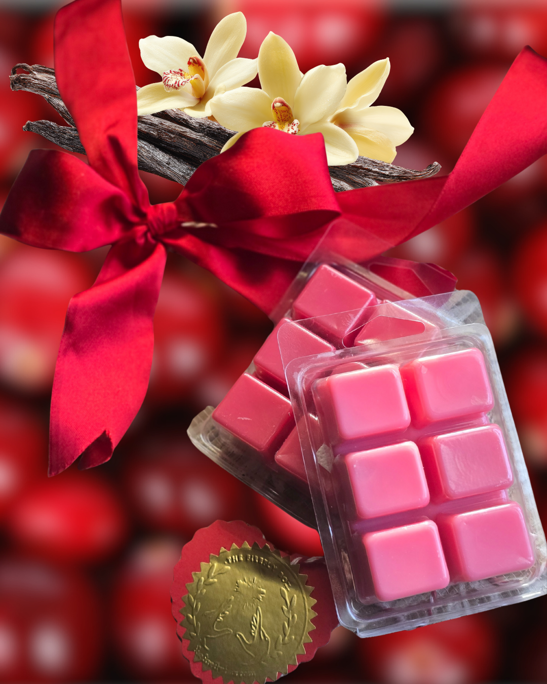 Pink wax melts in a clear container with a red bow and flowers on a red background